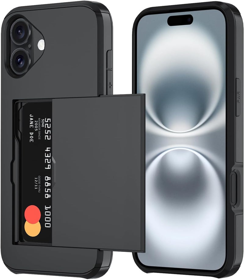 QMAY Compatible with iPhone 16 Plus Case with Card Holder, Dual Layer Shockproof,Heavy Duty Protective Hidden Slot Slim Wallet Phone Cover，Black - Image 1